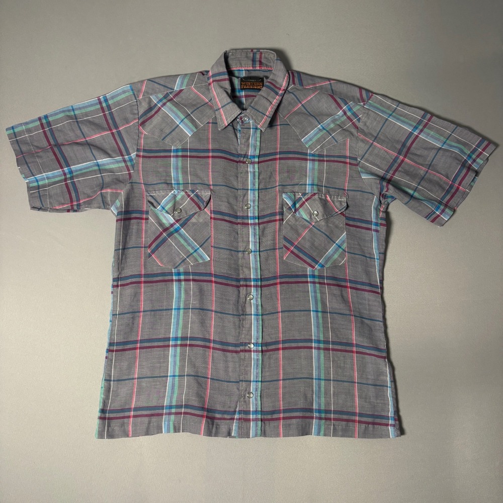 Western Fashions Vintage Plaid Snap Button Shirt Grey Pink Teal Short Sleeve
